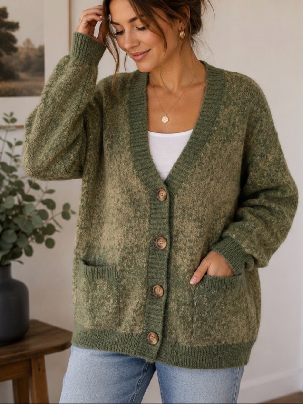 Very J Olive Green Fuzzy Cardigan Sweater Women’s Small Cozy Boho Grandpa Core